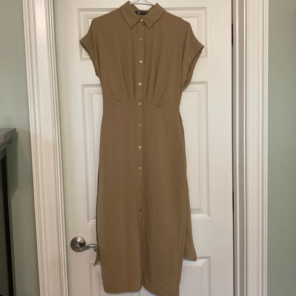Zara khaki Shirt Dress with tie size XS